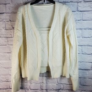 Floral Blooming Cable Knit Cardigan Crop Top Sweater Set 2 Piece, L, Cre…